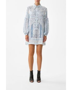 CAMILLA Shirt Dress With Blouson Sleeve The Hum Of The Alhambra - Blue