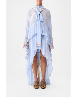 CAMILLA Ruffle High Low Dress With Long Sleeve Tiled - Blue