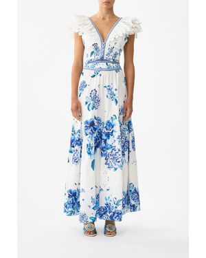 CAMILLA Skirt With Shaped Seam A Ceramic Garden - Blue