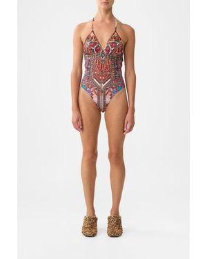 CAMILLA Chain Detail Tri Bodysuit With Mesh Inserts Patchwork Alchemy - Red
