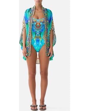 CAMILLA Open Front Cardi Cape Jungle Flight - Blue