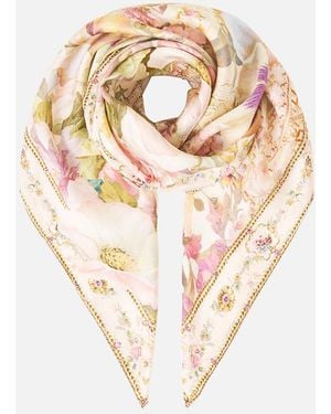 CAMILLA Large Crystalled Silk Square Scarf Adorned - White