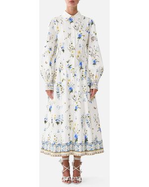 CAMILLA Button Front Midi Shirt Dress Dandelion Skies - White