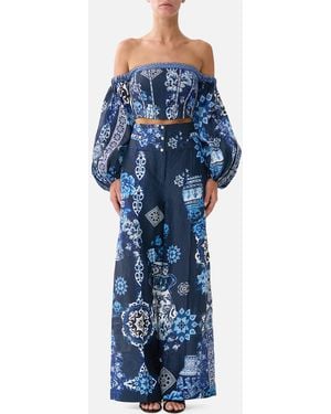 CAMILLA Long Sleeved Corset Crop Top A Tiled Wonderland - Blue