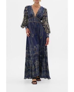 CAMILLA Shaped Waistband Dress With Gathered Sleeves The Egypt Effect - Blue