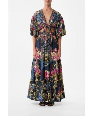 CAMILLA Tie Front Puff Sleeve Top Ornate On A Plate - Blue