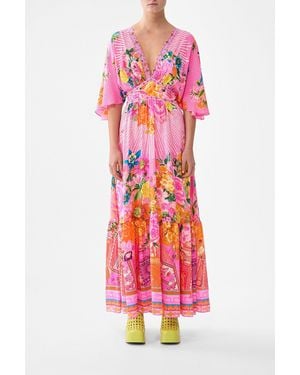 CAMILLA Waisted Dress With Hem Ruffle Illustration Nation - Red