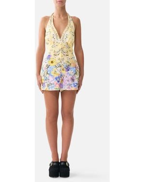 CAMILLA Button Front Halter Playsuit Darling Buds - White