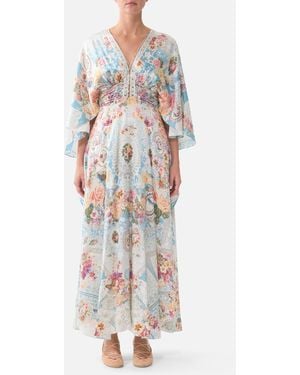CAMILLA V Neck Lace Up Detail Long Dress A Taste For Lace - White