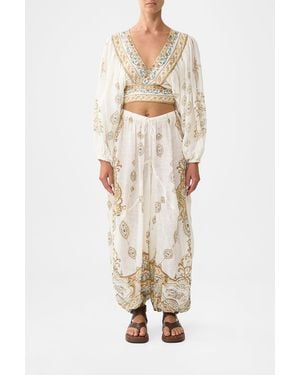 CAMILLA Cropped Blouson Sleeve Tie Front Top Ottoman Dynasty - Natural