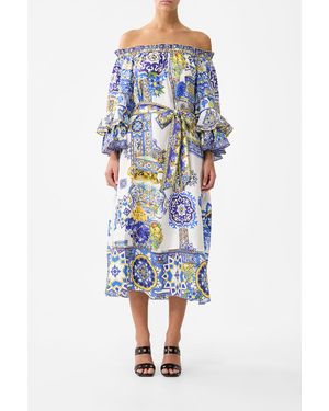CAMILLA Off Shoulder Midi Dress With Frill Sleeve España Nirvana - Blue