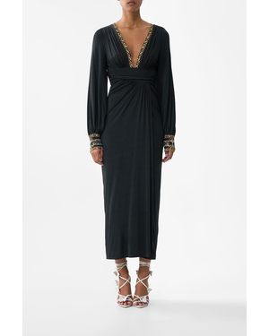 CAMILLA Waisted Draped Jersey Dress Ottoman Elegance - Black