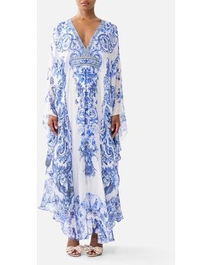 CAMILLA Long Kaftan With Waist Detail Ceramic Panoramic - Blue