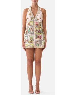CAMILLA Button Front Halter Playsuit Painted Prayers - Yellow