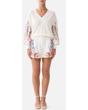 CAMILLA V Neck Knit Jumper With Silk Sleeve I Left My Heart - Natural