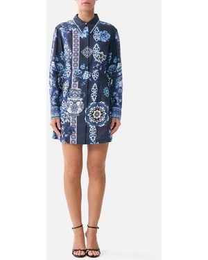 CAMILLA Shirt Dress With A Line Skirt A Tiled Wonderland - Blue