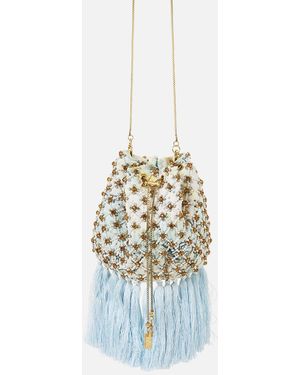 CAMILLA Embellished Drawstring Pouch Bag With Tassels My Lucky Stars - White