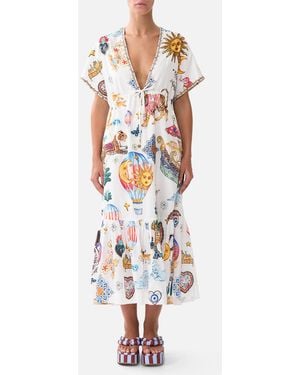 CAMILLA V-Neck Embroidered Midi Dress Kapadokya Kitsch - White