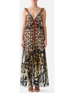 CAMILLA Frill Bralette Long Dress Leotigra Land - Brown