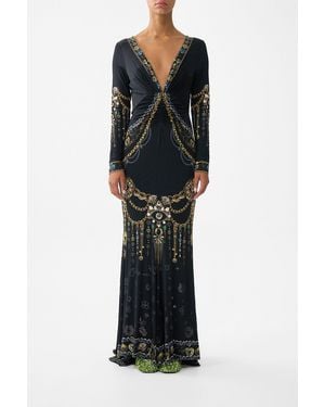 CAMILLA Long Sleeve Gathered Dress With Train Amulets And Alchemy - Black