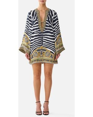 CAMILLA Deep V Neck Hardware Short Kaftan Zig Zag Zoo - Black