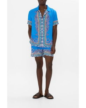 CAMILLA Short Sleeve Camp Collared Shirt Footsteps - Blue