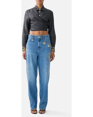 CAMILLA Cropped Wrap Shirt With Tie Taurus Rising - Blue