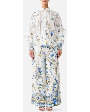 CAMILLA Button Shirt With Frill Detail Dandelion Skies - White
