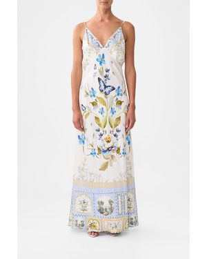 CAMILLA V-Neck Long Bias Slip Dress With Train Botanical Ballads - White