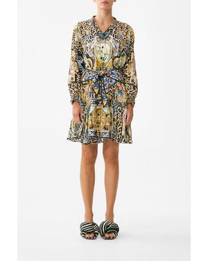 CAMILLA Short Tiered Shirtdress With Wide Waist Tie Sevillian Style - Brown