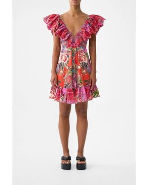 CAMILLA Short Frill Neck Dress Heirloom Empire - Red