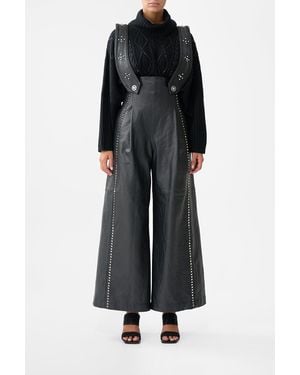 CAMILLA Leather Pleated Wide Leg Jumpsuit Solid - Black