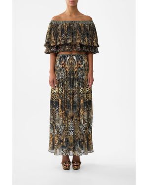 CAMILLA Off Shoulder Short Sleeve Pleated Top Feline Folklore - Black