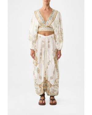 CAMILLA Cropped Blouson Sleeve Tie Front Top Ottoman Dynasty - Natural