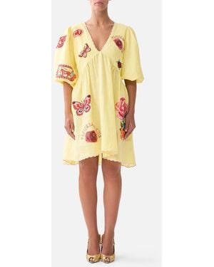 CAMILLA V Neck Puff Sleeve Short Dress Collage Kingdom - Yellow