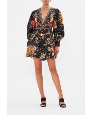 CAMILLA Button Front Frill Dress With Lace Detail Stitched - Black
