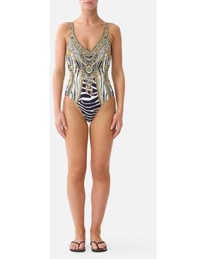 CAMILLA V Neck One Piece W V Back Zig Zag Zoo - Black