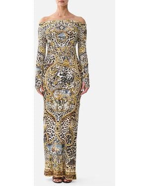 CAMILLA Off Shoulder Gathered Jersey Dress Leopard Libertine - Yellow