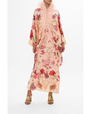 CAMILLA Draped Back Layer With Feather Collar Blossoms And Brushstrokes - Multicolor