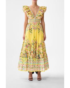 CAMILLA Tiered Dress With Neck Frill Lady Limonada - Yellow