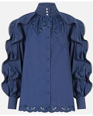 CAMILLA Relaxed Blouse With Frill Sleeve Detail - Blue