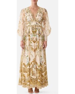 CAMILLA Shaped Waistband Dress With Gathered Sleeves A Certain Je Ne Sais Quoi - Metallic
