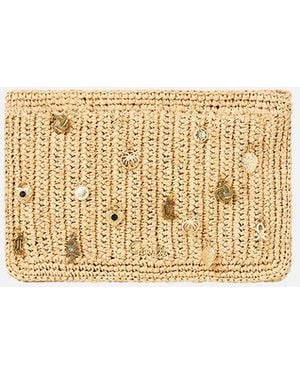CAMILLA Raffia Clutch With Charms Natural