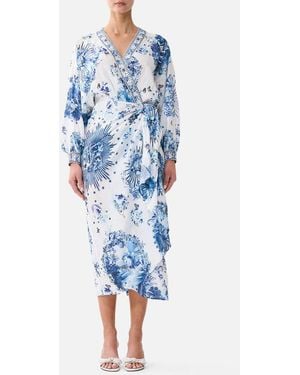 CAMILLA Wrap Midi Dress The Porcelain Parlour - Blue