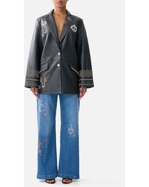 CAMILLA Leather Jacket With Yoke Amulets And Alchemy - Black