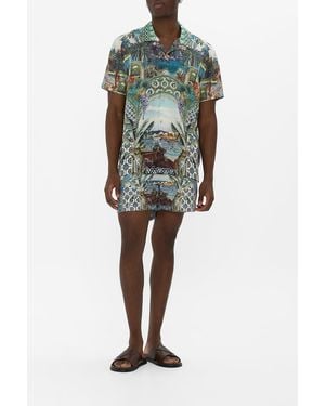 CAMILLA Short Sleeve Camp Collared Shirt Postcards & Palm Trees - Multicolour