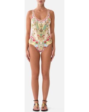 CAMILLA Wide Strap Round Neck One Piece W Low Back Painted Prayers - Yellow