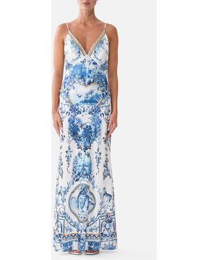 CAMILLA V Neck Full Length Bias Slip Dress The Porcelain Parlour - Blue