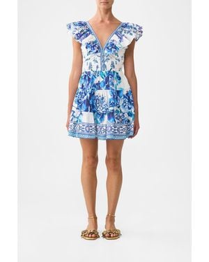 CAMILLA Tiered Short With Neck Frill Dress - Blue