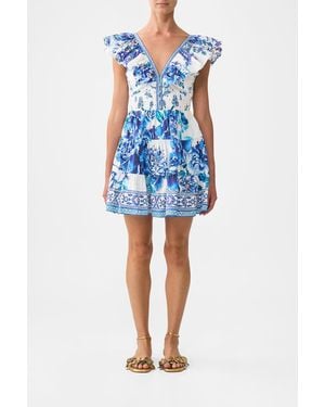 CAMILLA Tiered Short With Neck Frill Dress - Blue